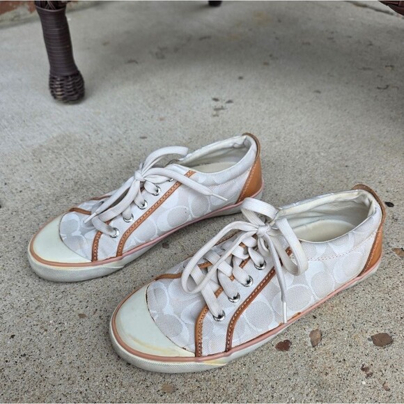 COACH Barrett Signature C Sneakers in White Tan Women's Size 7.5B Classic Skater - Picture 1 of 16